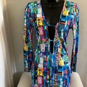 Neon City Print Cutout Bodycon Dress - Blue Multi